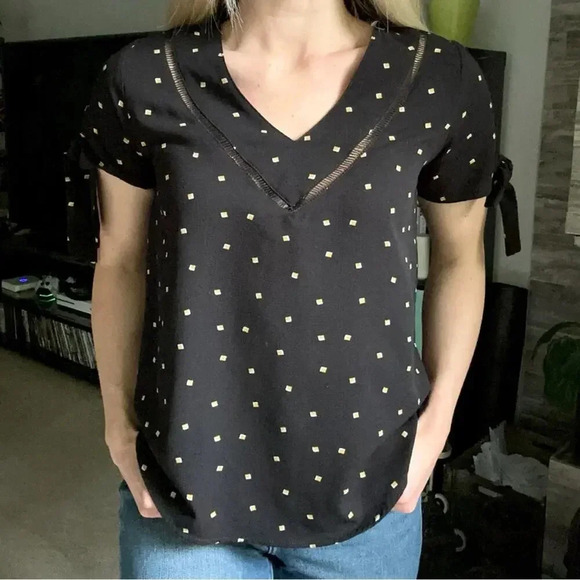 Anthropologie MINE Black Tie Short Sleeve Blouse Top Small - Picture 1 of 7